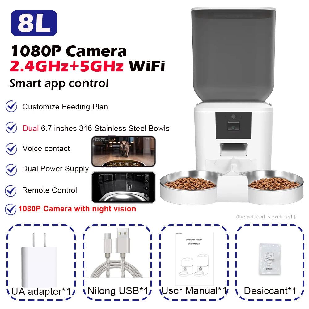 5G automatisk kattmatare med 1080p kamera – WiFi-ansluten med röstinspelning