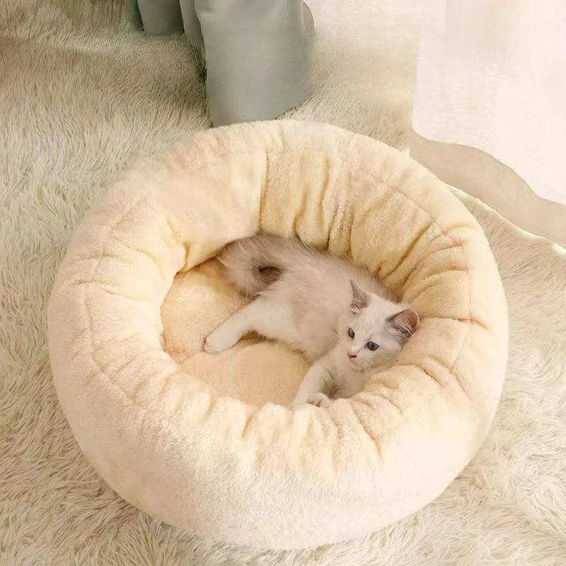 Rund tvättbar husdjursbädd för alla årstider – Varm inomhuskudde för katt och hund
